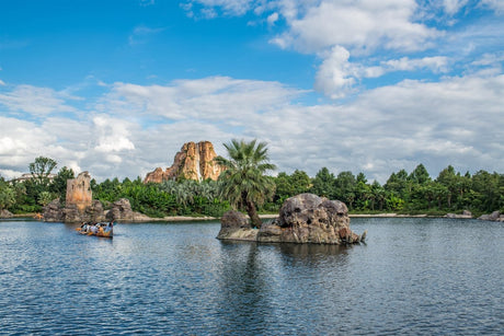 Theme park landscape with mature feature trees